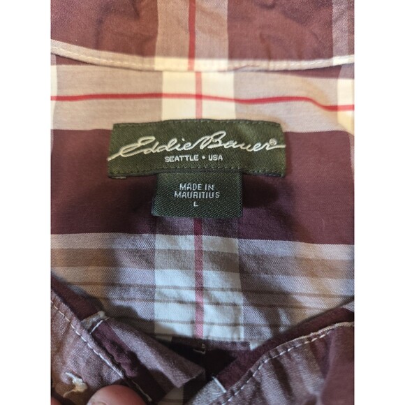 Eddie Bauer Plaid Button Shirt Men’s L Long Sleeve Maroon Gray Cotton - Picture 2 of 4